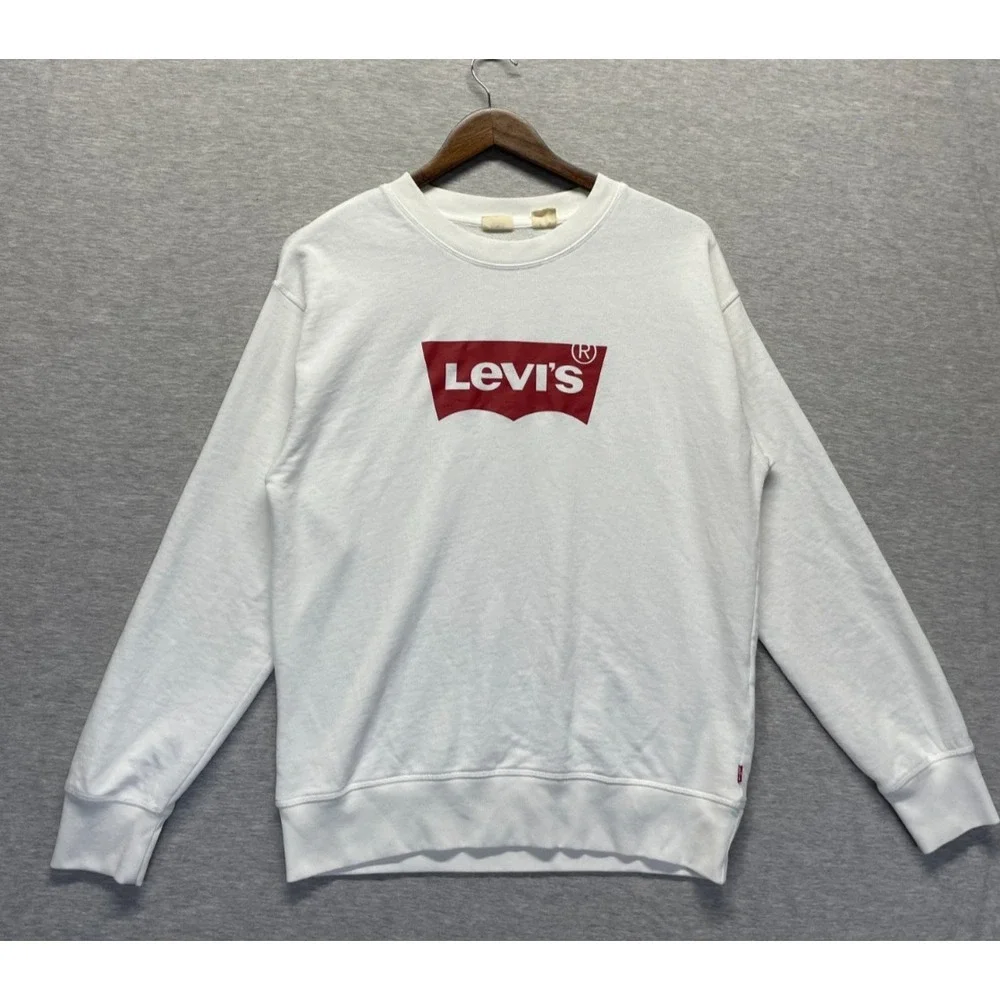 Levi's Sweatshirt Unisex Medium White Fleece Lined Classic Fit Red Batwing Logo